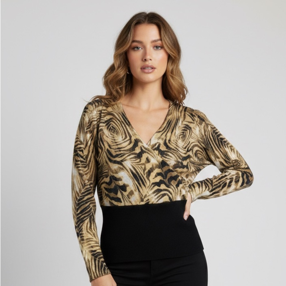 Knit De Knit Women’s‎ XL Animal Print V Neck Sweater Top Black Waistband Y2K